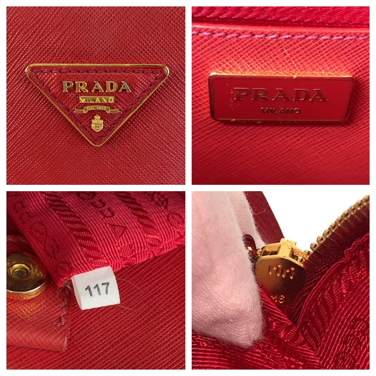 PRADA Handbag leather Red Gold Metal Safiano Promenade Women Used Authentic