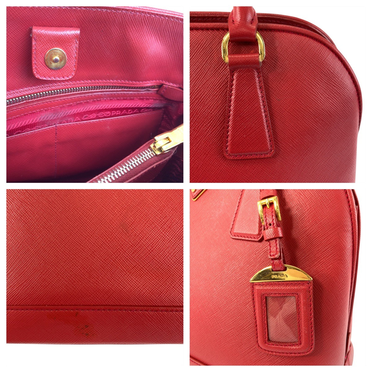 PRADA Handbag leather Red Gold Metal Safiano Promenade Women Used Authentic