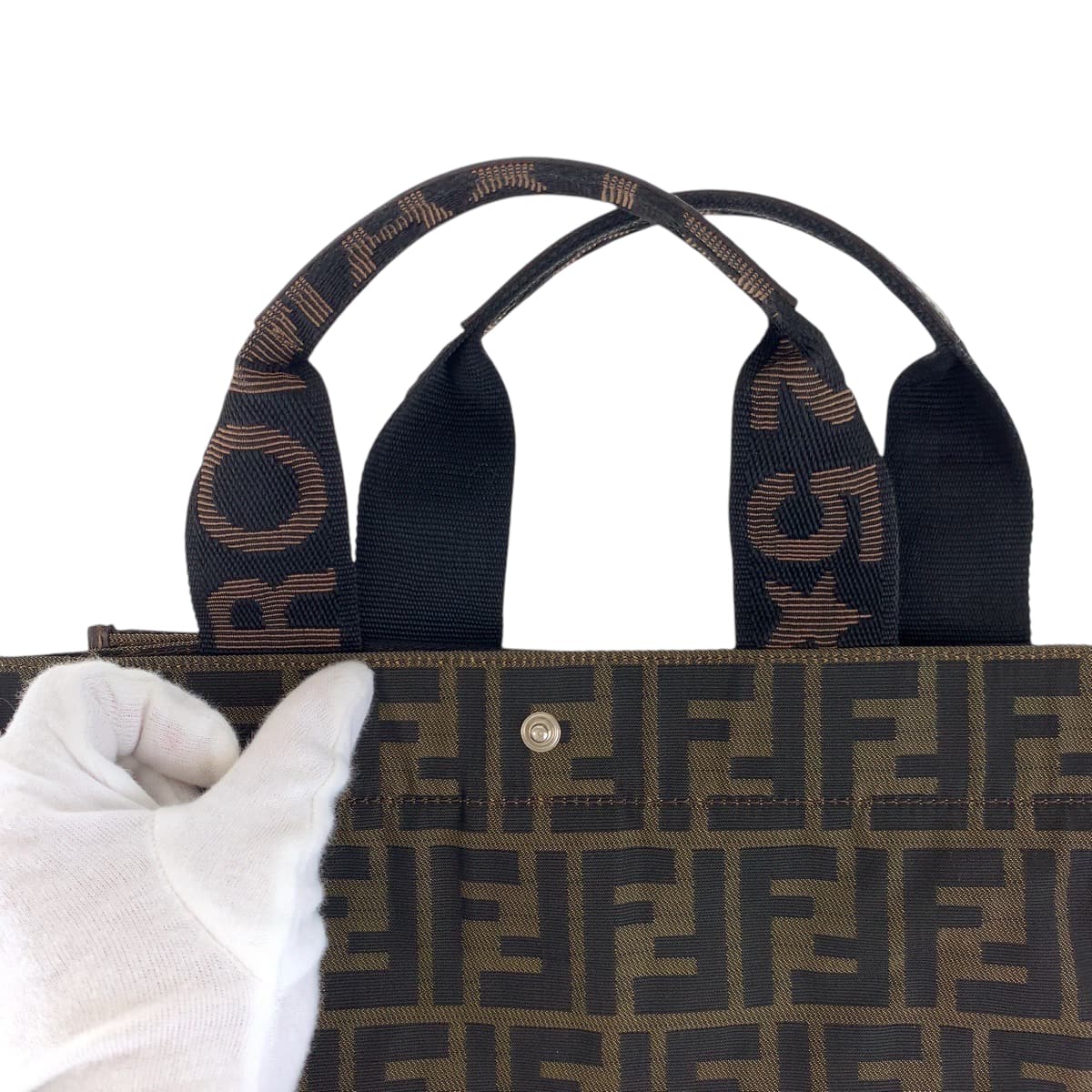 FENDI Tote Bag Canvas, Leather Brown Silver Metal Tote Bag handbag Zucca folding Women Used Authentic