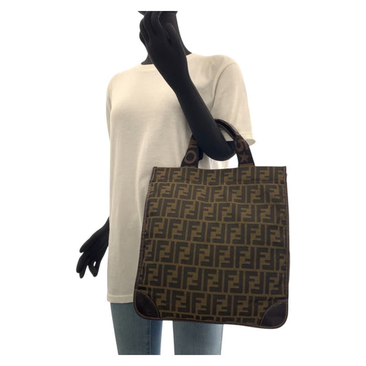FENDI Tote Bag Canvas, Leather Brown Silver Metal Tote Bag handbag Zucca folding Women Used Authentic