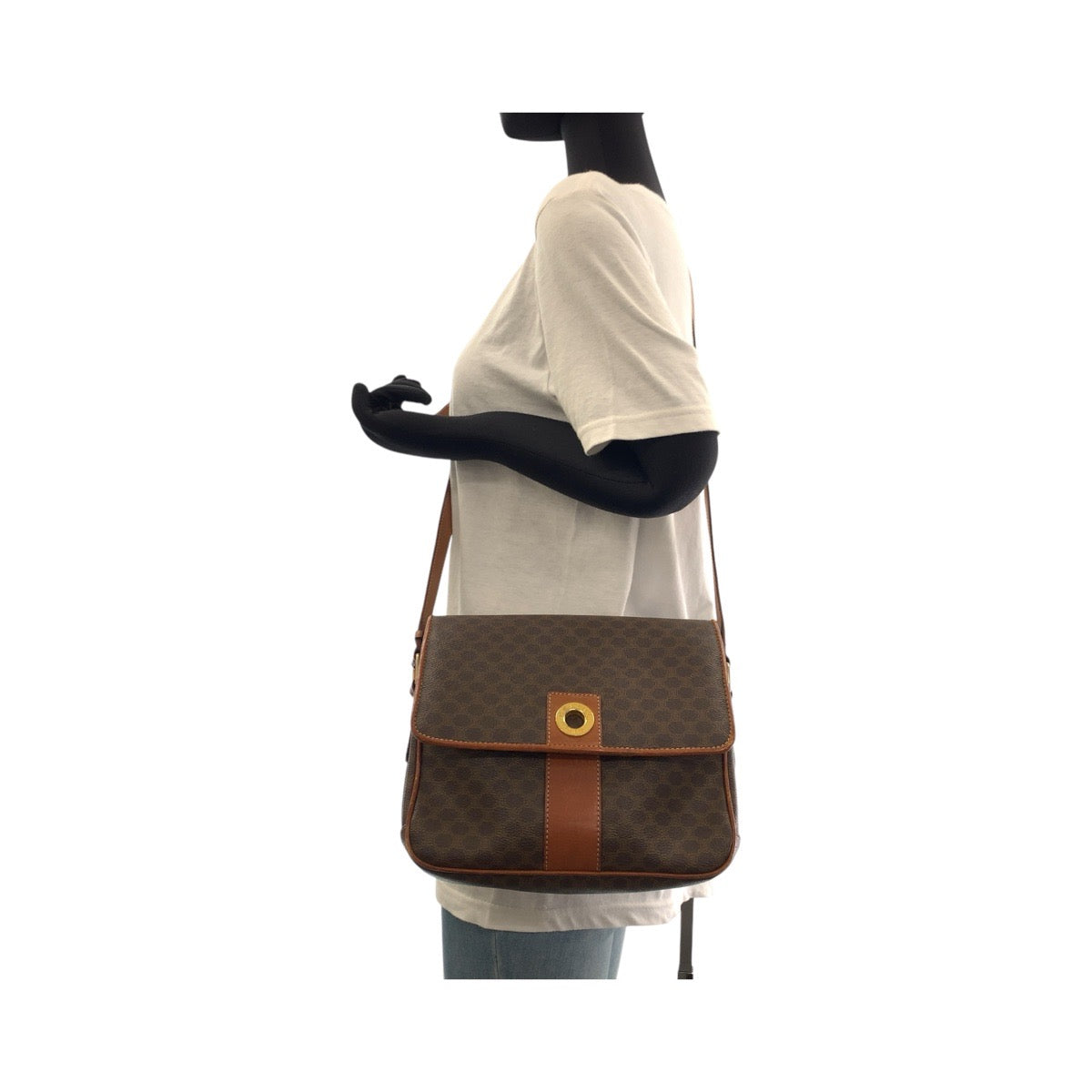 CELINE Shoulder Bag PVC, Leather Brown Gold Metal Shoulder Bag pochette Macadam Circle Logo Women Used Authentic
