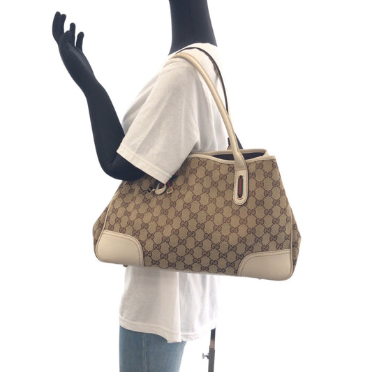 GUCCI Tote Bag 168805 GG canvas, leather Beige Ivory Gold Metal Tote Bag Shoulder Bag Sherry line Women Used Authentic