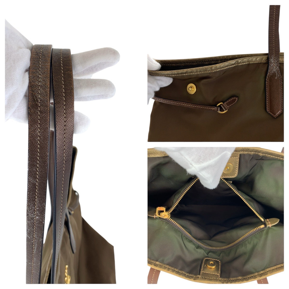 PRADA Tote Bag Nylon, Leather Brown Gold Metal Tote Bag Shoulder Bag Testo Saffiano Triangle With logo Women Used Authentic
