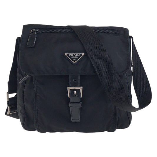 PRADA Shoulder Bag Nylon, Leather Black SilverMetal Shoulder Bag pochette Test Triangle With logo Women Used Authentic