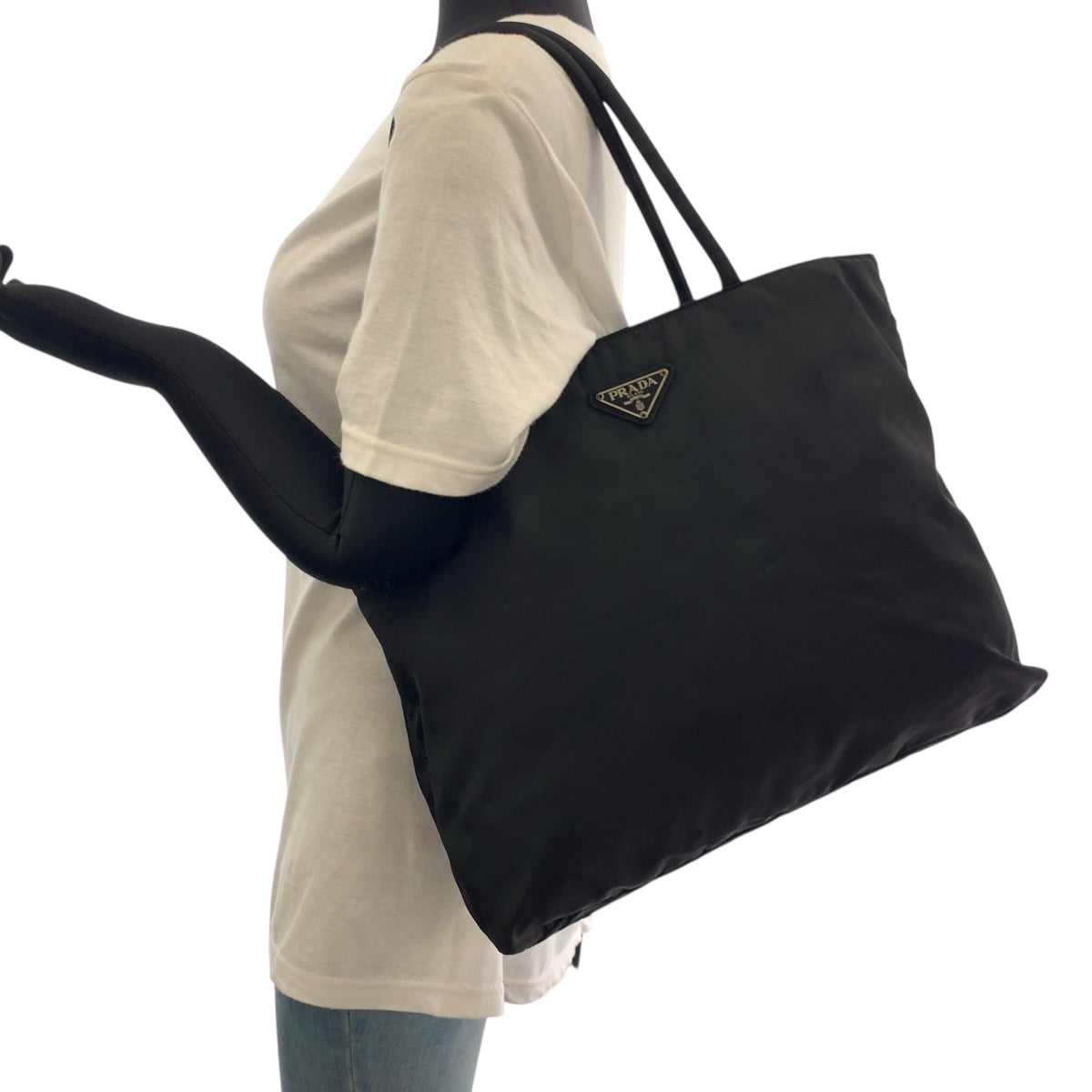 PRADA Tote Bag Nylon Black Silver Metal Tote Bag Shoulder Bag Test Triangle With logo Women Used Authentic