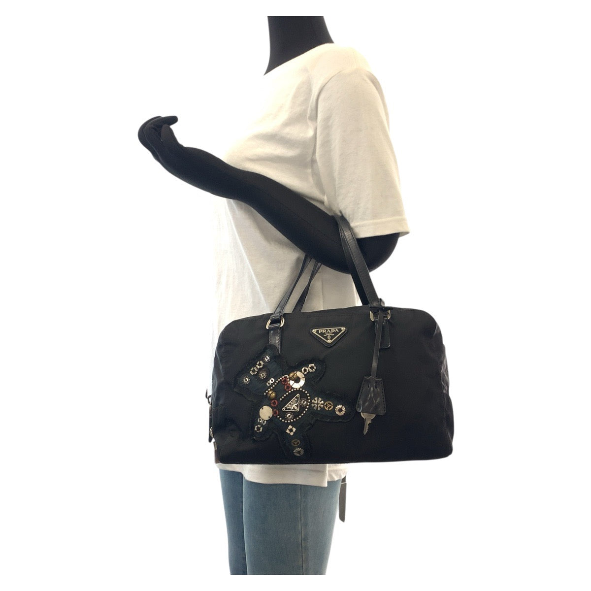 PRADA Handbag Nylon, Leather Black SilverMetal Handbag Tote Bag Shoulder Bag Test Evening Bear Bijou Women Used Authentic
