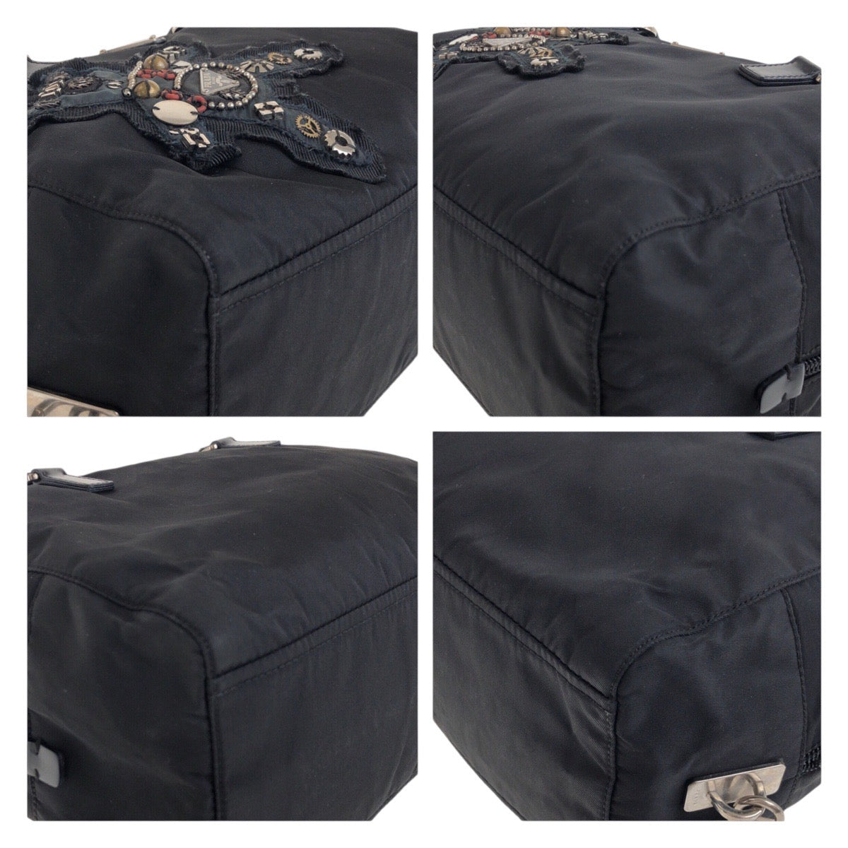 PRADA Handbag Nylon, Leather Black SilverMetal Handbag Tote Bag Shoulder Bag Test Evening Bear Bijou Women Used Authentic