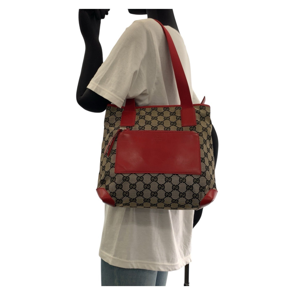 GUCCI Tote Bag 019 0402 GG canvas, leather Red Silver Metal Tote Bag Shoulder Bag Women Used Authentic