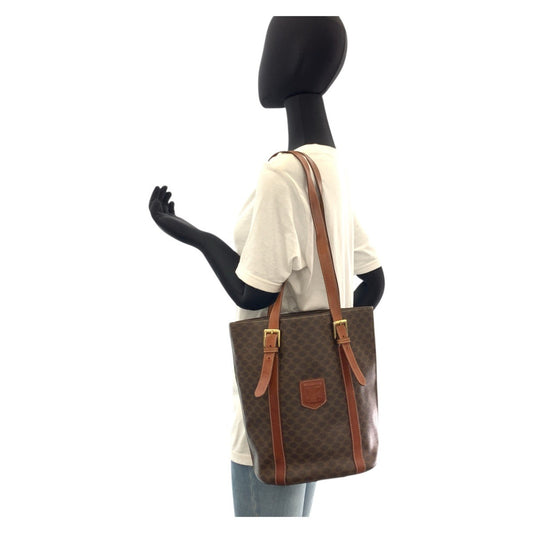 CELINE Tote Bag MC98/1 PVC, Leather Brown Gold Metal Tote Bag Shoulder Bag Macadam Women Used Authentic