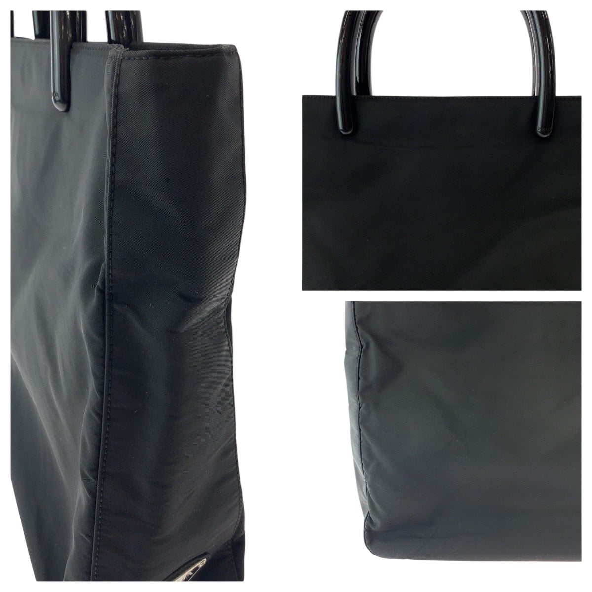 PRADA Tote Bag Nylon Black SilverMetal Tote Bag handbag Test Triangle With logo Women Used Authentic