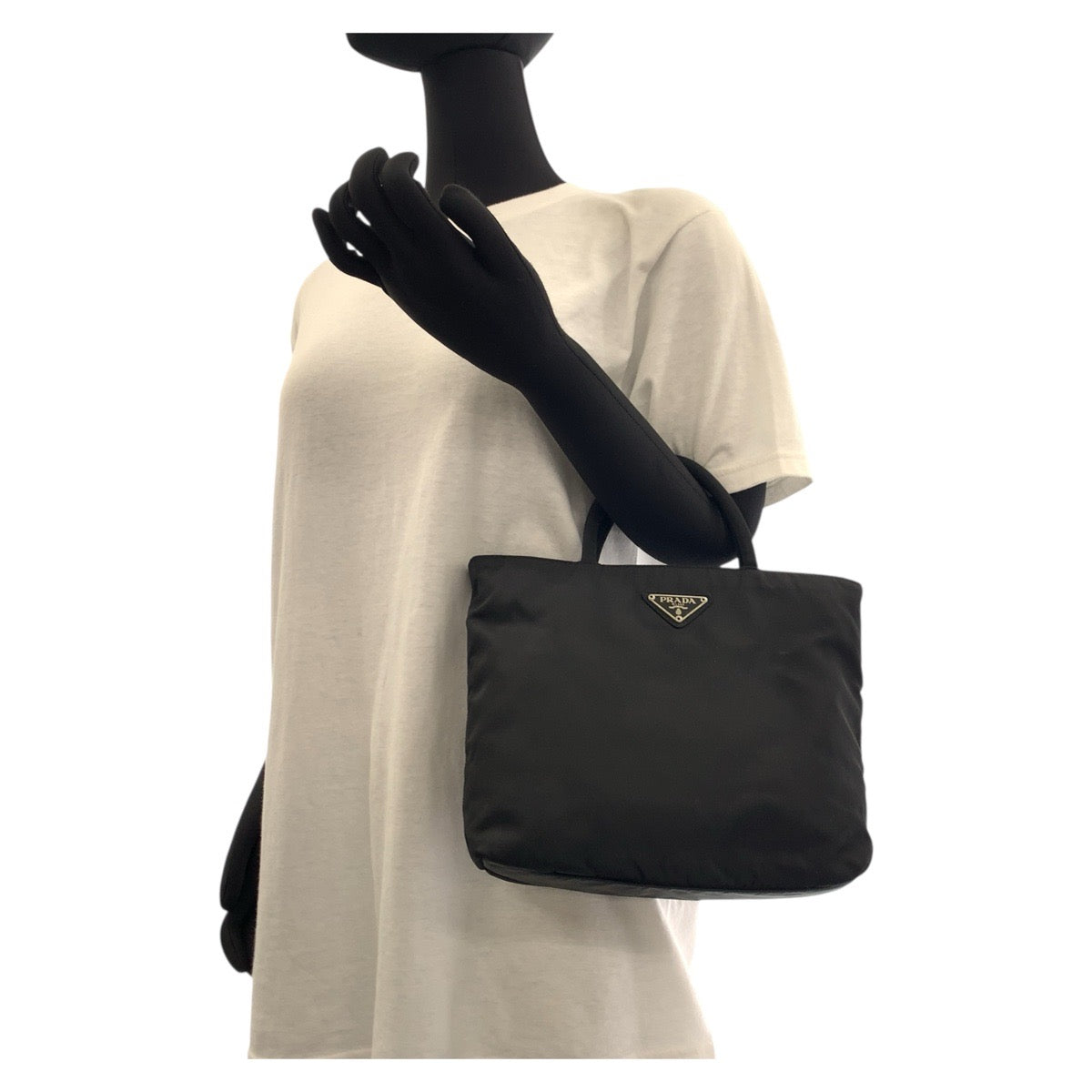 PRADA Tote Bag Nylon Black SilverMetal Tote Bag handbag Test Triangle With logo Women Used Authentic
