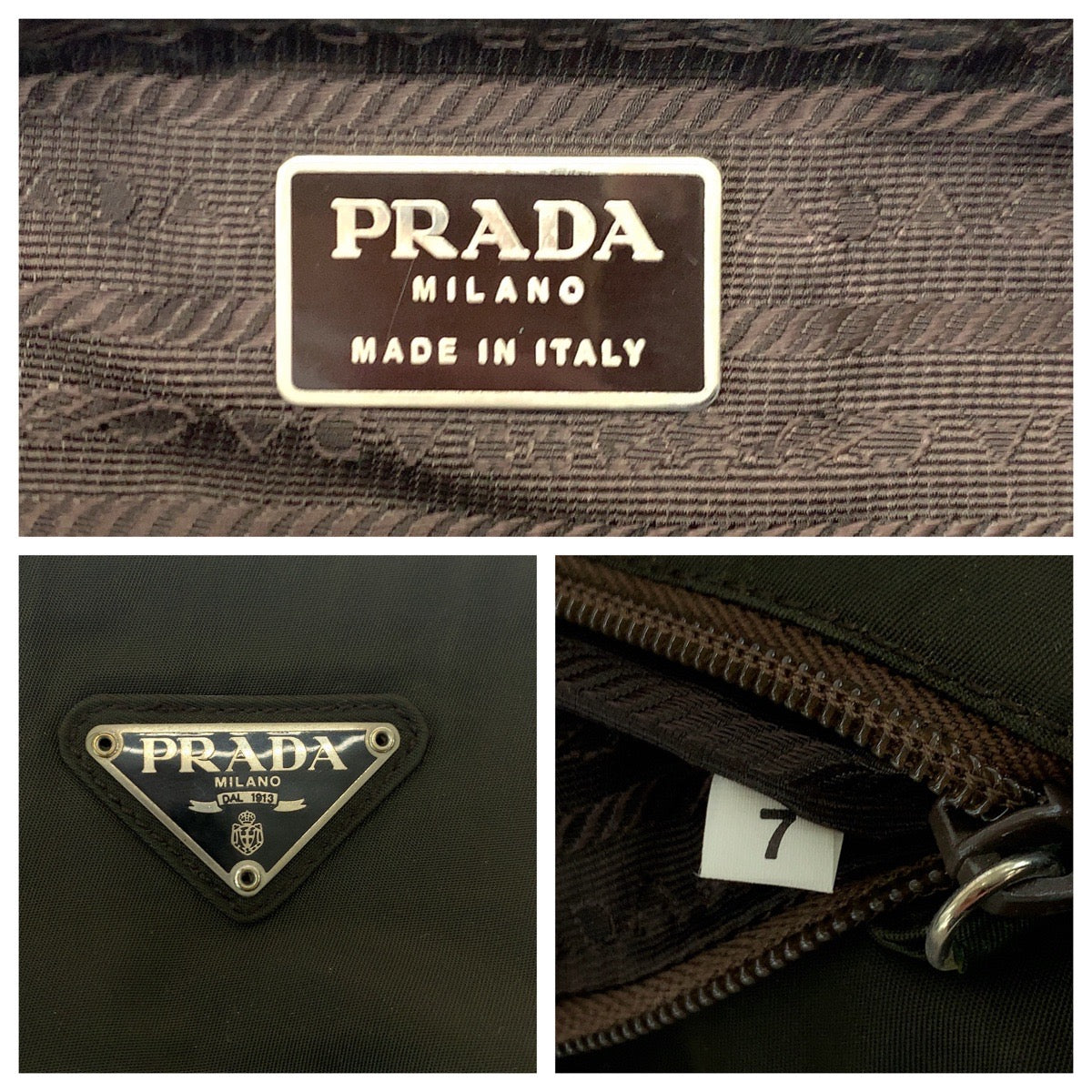 PRADA Tote Bag Nylon Khaki SilverMetal Tote Bag Shoulder Bag Test Triangle With logo Women Used Authentic