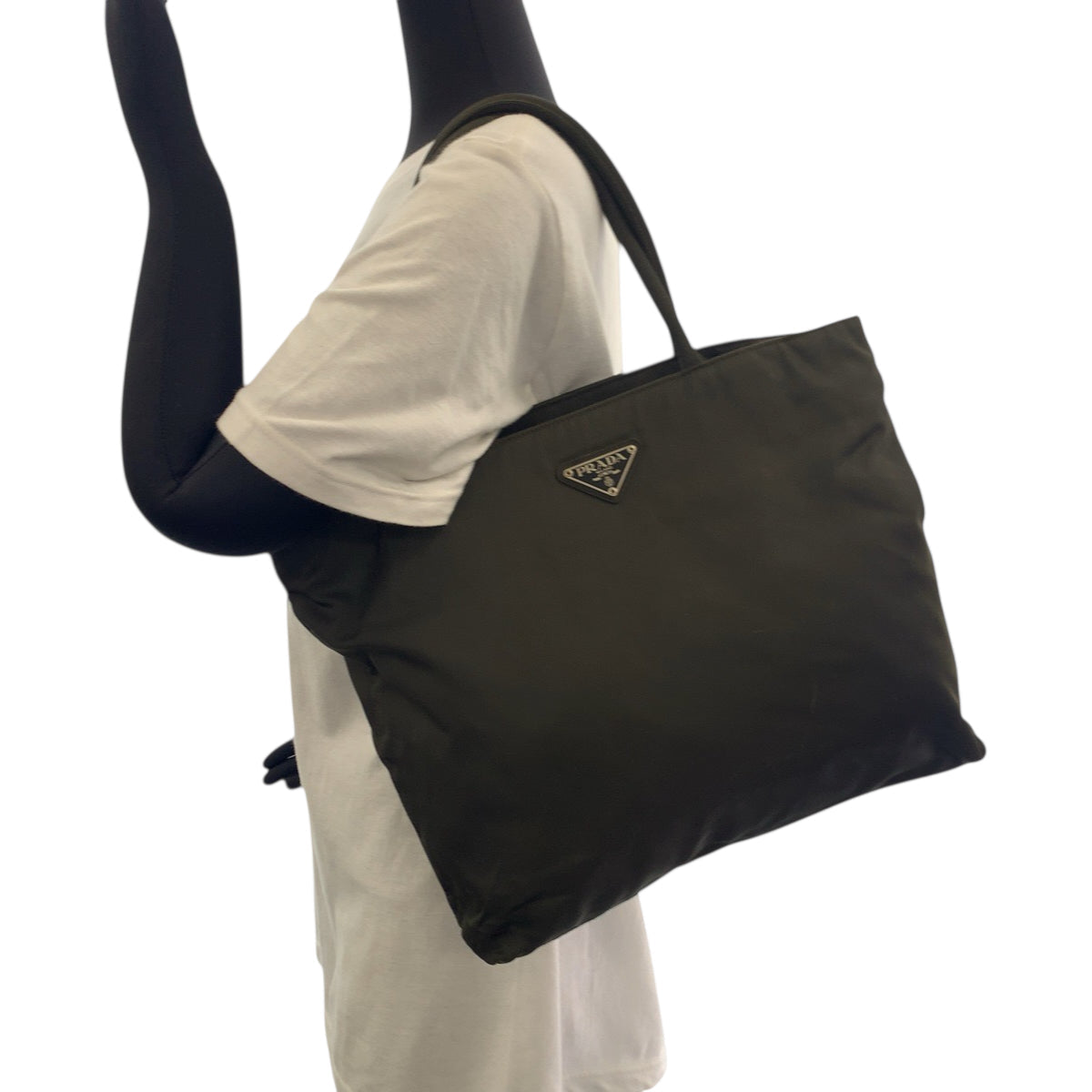 PRADA Tote Bag Nylon Khaki SilverMetal Tote Bag Shoulder Bag Test Triangle With logo Women Used Authentic
