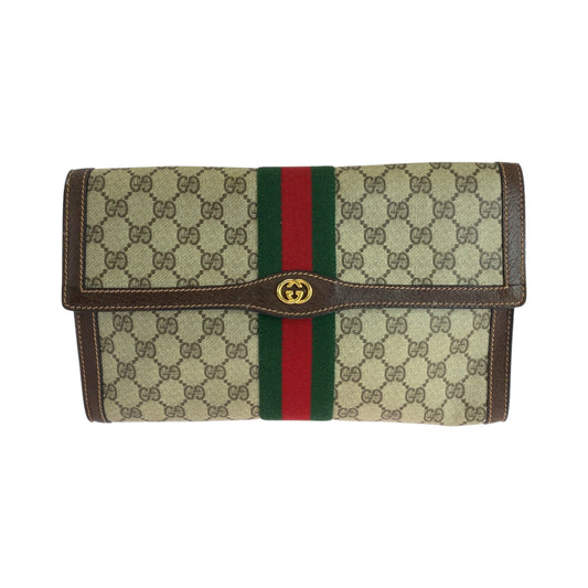 GUCCI Clutch bag GG Supreme Canvas Beige Brown Gold Metal Clutch bag business bag Gucci Perfume Sherry Line Women Used Authentic