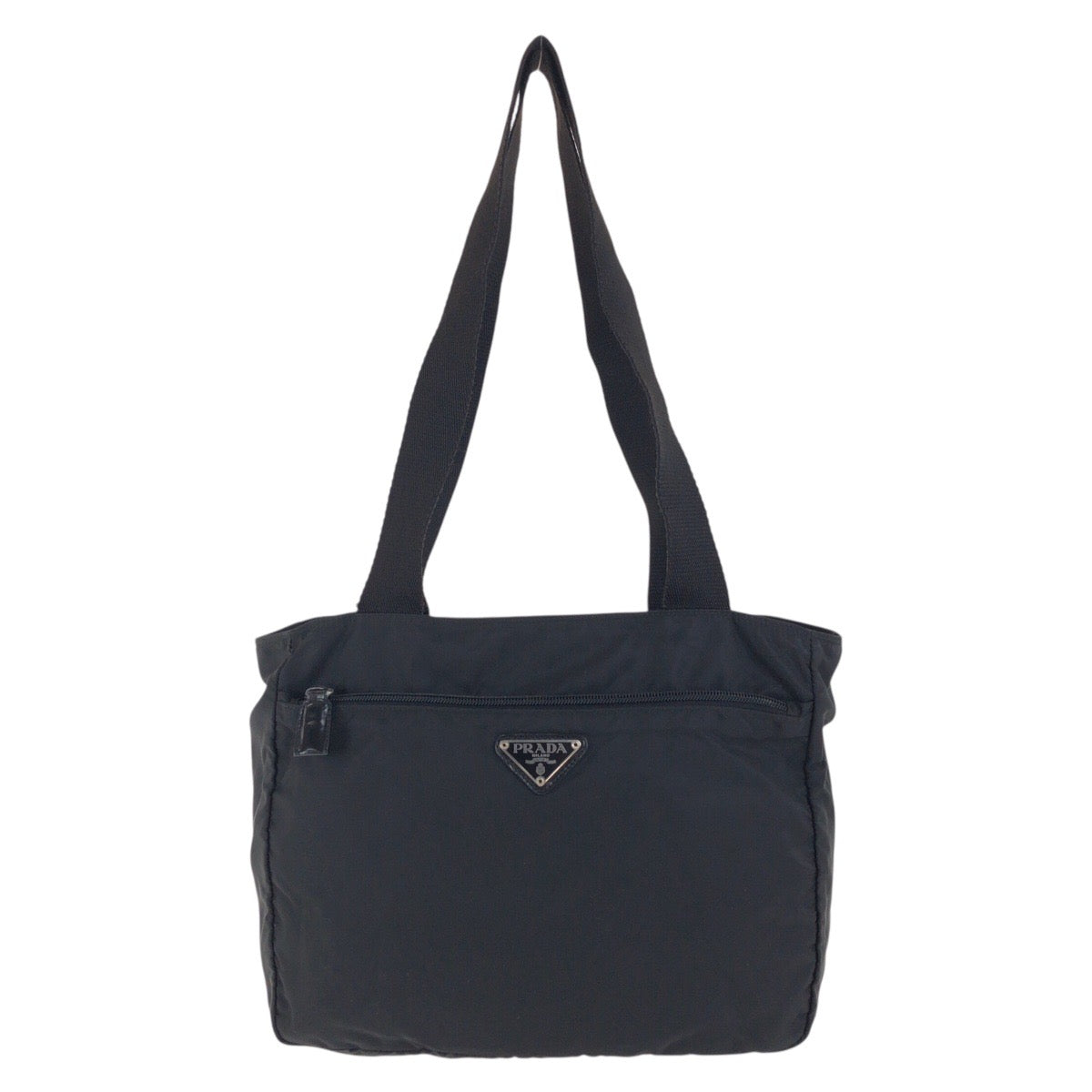 PRADA Tote Bag Nylon Black SilverMetal Tote Bag Shoulder Bag Test Triangle With logo Women Used Authentic
