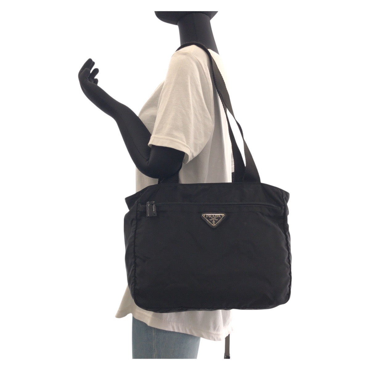 PRADA Tote Bag Nylon Black SilverMetal Tote Bag Shoulder Bag Test Triangle With logo Women Used Authentic