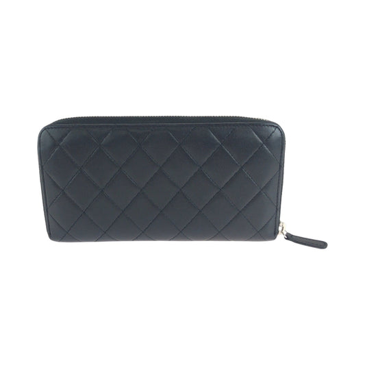 CHANEL Long Wallet Purse lambskin Black Silver Metal Long Wallet Purse Zip Around Matrasse COCO Mark Women Used Authentic