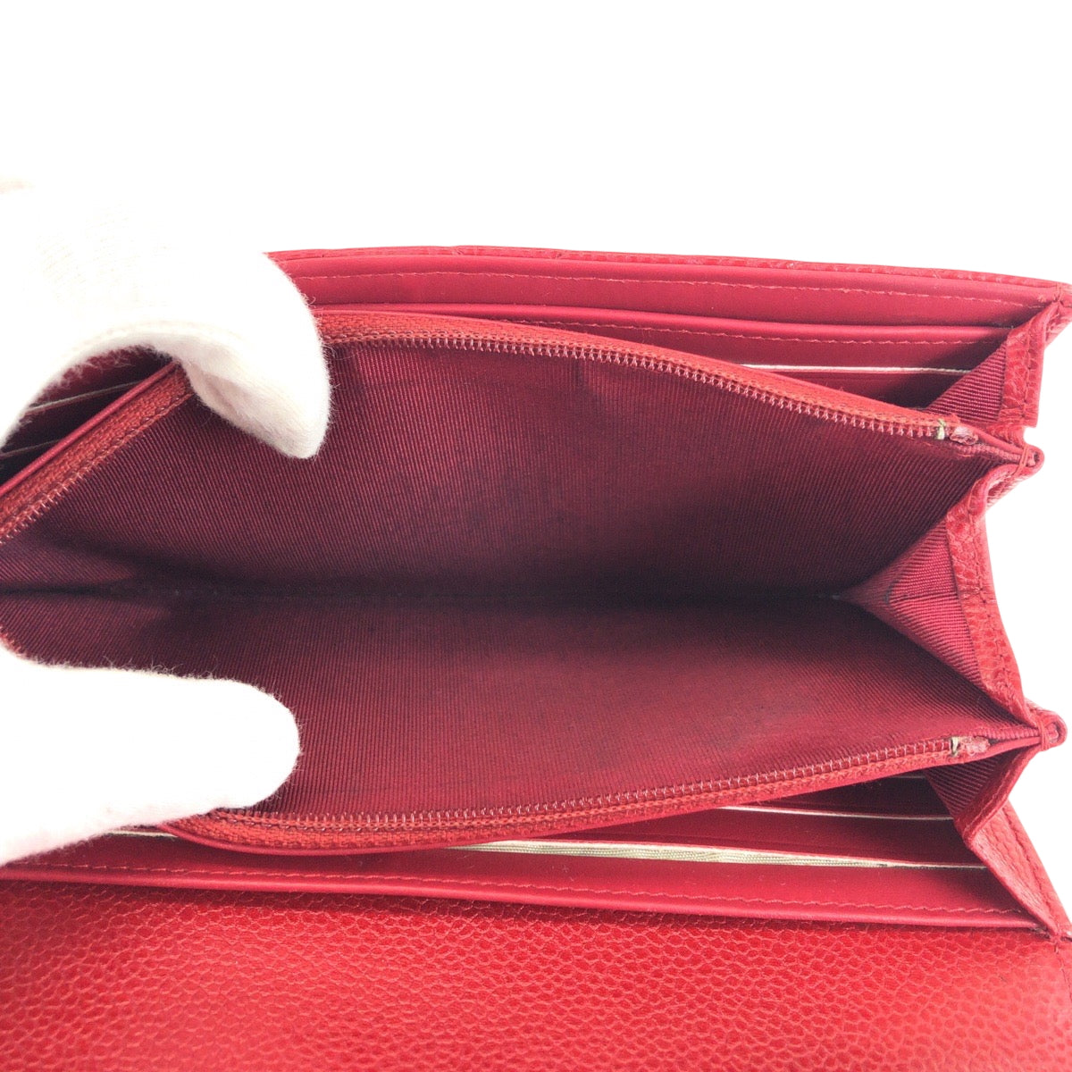 CHANEL Long Wallet Purse Caviar skin Red Silver Metal Long Wallet Purse Matrasse COCO Mark Women Used Authentic