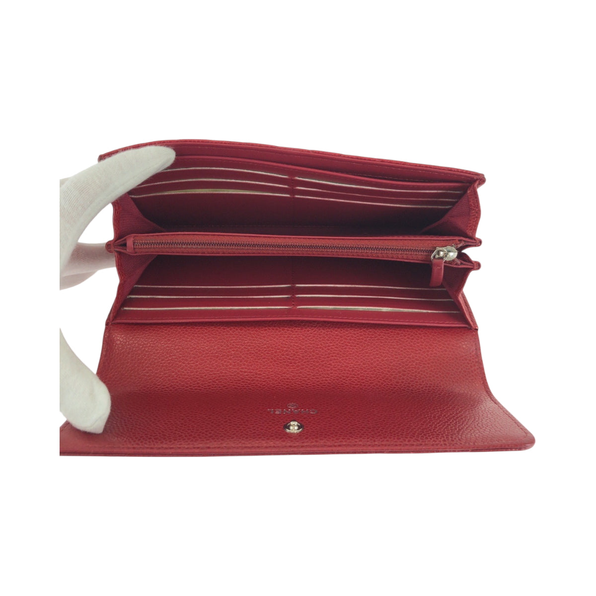 CHANEL Long Wallet Purse Caviar skin Red Silver Metal Long Wallet Purse Matrasse COCO Mark Women Used Authentic