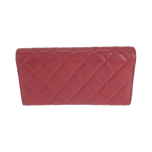 CHANEL Long Wallet Purse Caviar skin Red Silver Metal Long Wallet Purse Matrasse COCO Mark Women Used Authentic