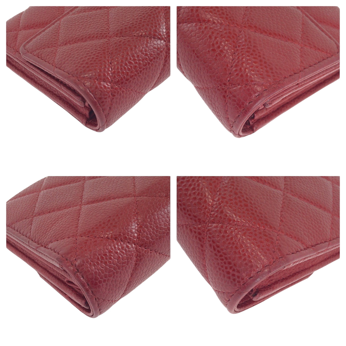 CHANEL Long Wallet Purse Caviar skin Red Silver Metal Long Wallet Purse Matrasse COCO Mark Women Used Authentic