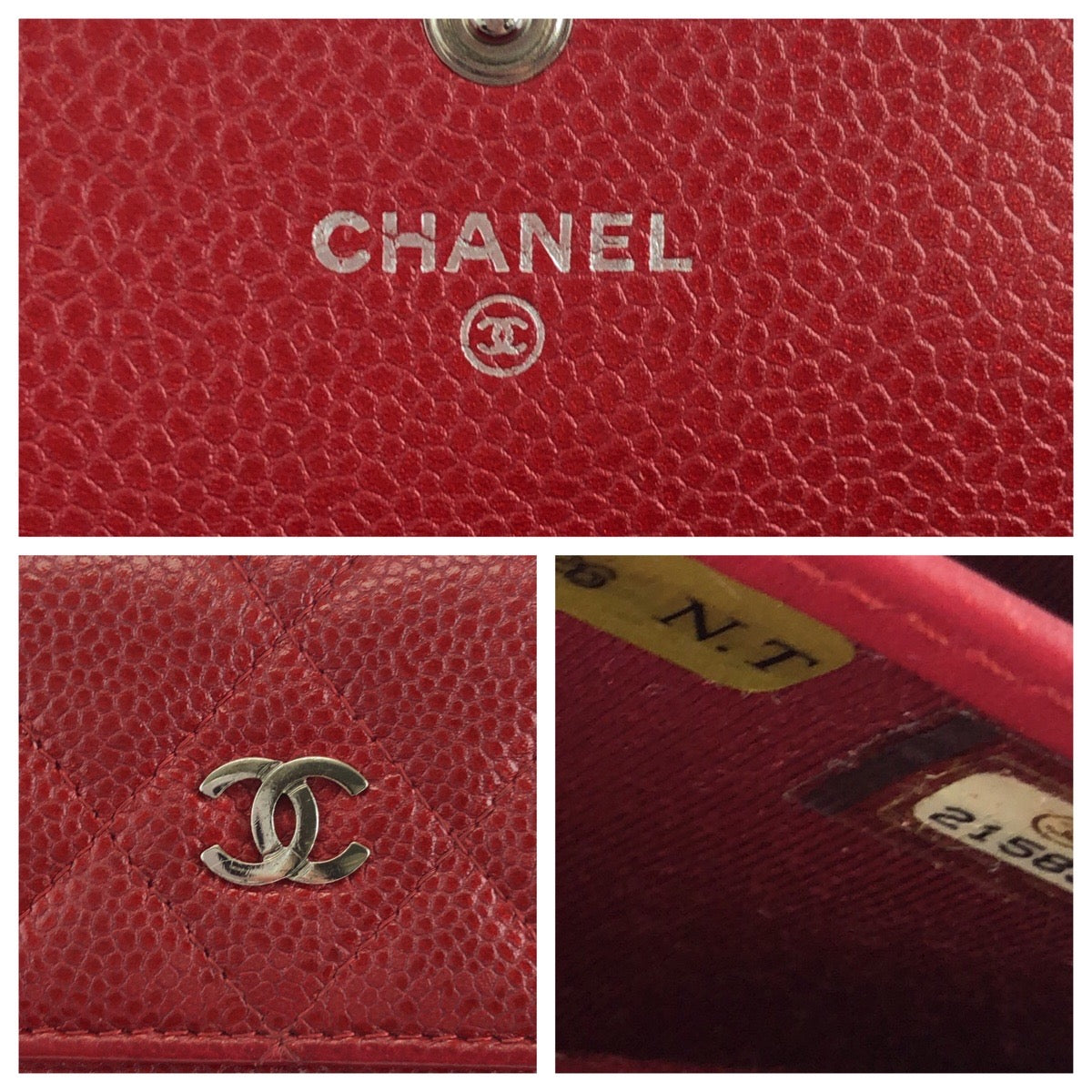 CHANEL Long Wallet Purse Caviar skin Red Silver Metal Long Wallet Purse Matrasse COCO Mark Women Used Authentic