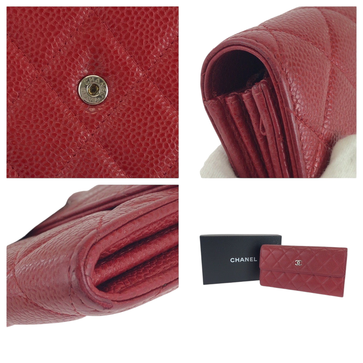 CHANEL Long Wallet Purse Caviar skin Red Silver Metal Long Wallet Purse Matrasse COCO Mark Women Used Authentic