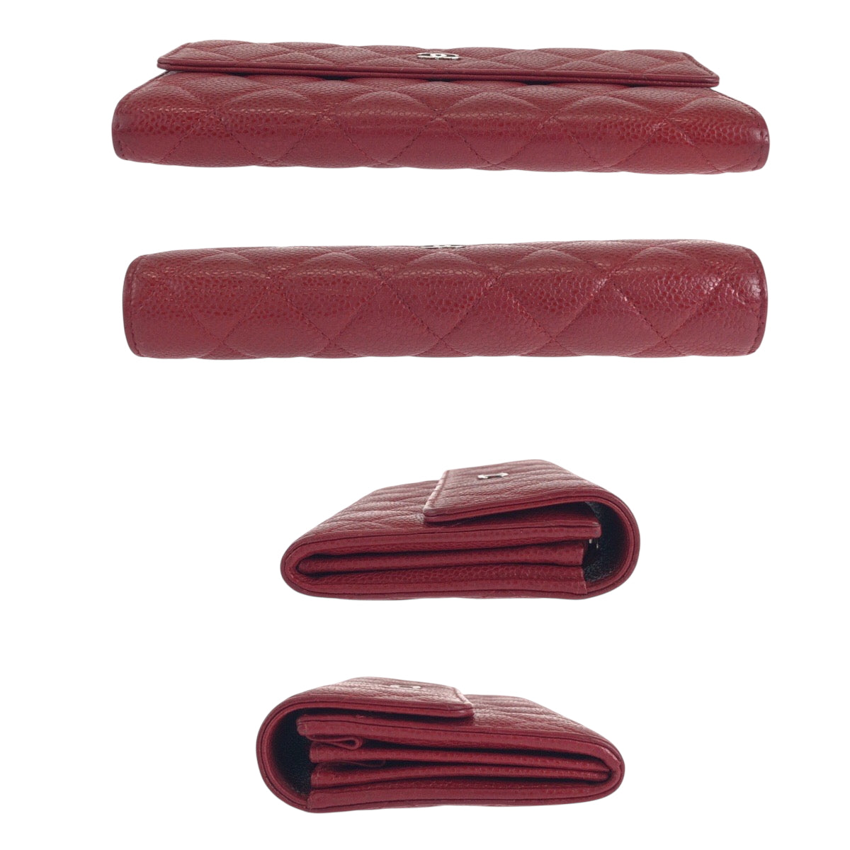 CHANEL Long Wallet Purse Caviar skin Red Silver Metal Long Wallet Purse Matrasse COCO Mark Women Used Authentic