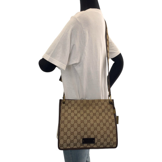 GUCCI Shoulder Bag 91762 GG canvas Beige Brown Gold Metal Shoulder Bag pochette Plate charm Women Used Authentic