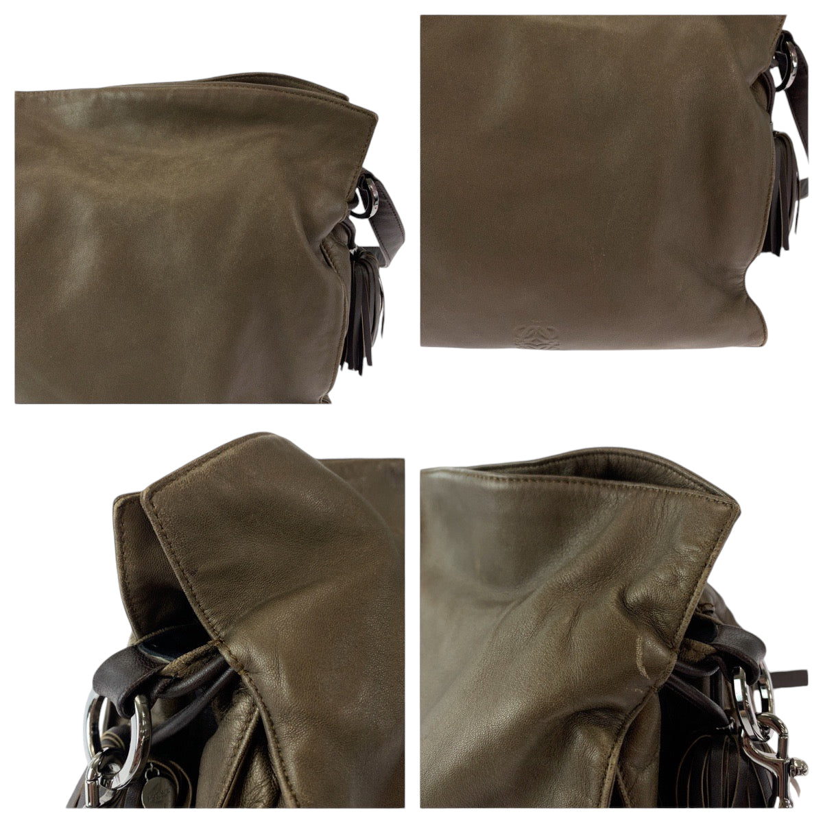 LOEWE Shoulder Bag leather Brown Silver Metal Shoulder Bag Crossbody Pochette Flamenco Anag Lamb Women Used Authentic