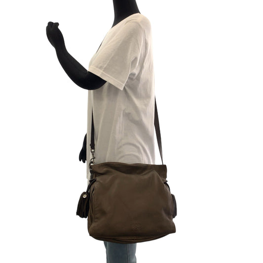 LOEWE Shoulder Bag leather Brown Silver Metal Shoulder Bag Crossbody Pochette Flamenco Anag Lamb Women Used Authentic
