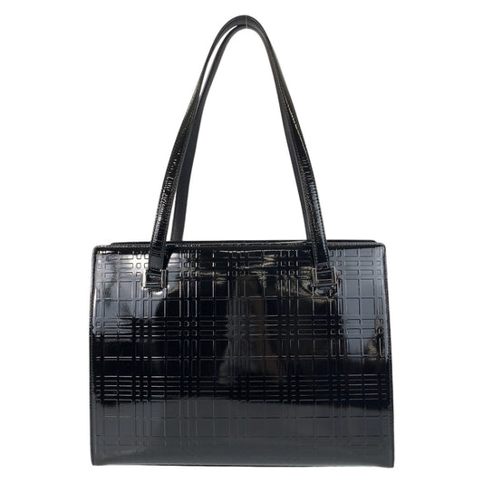 BURBERRY Tote Bag Patent leather black Tote bag Shoulder Bag Check Pattern Embossed Women Used Authentic