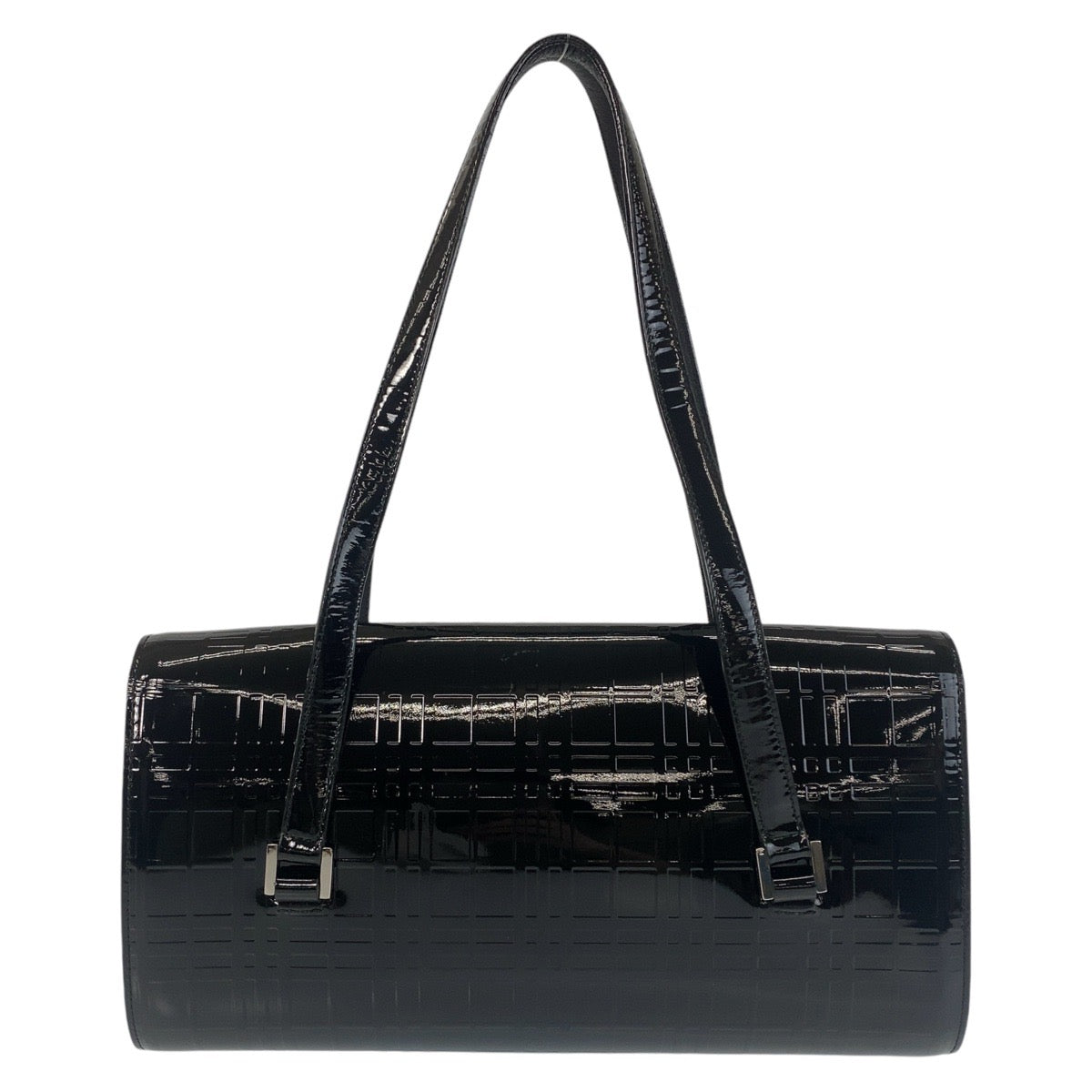 BURBERRY Shoulder Bag enamel black Shoulder Bag Check Pattern Embossed Women Used Authentic