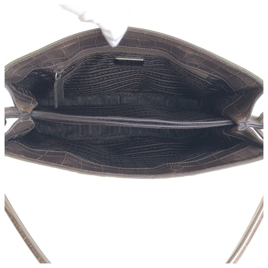 PRADA Handbag Nylon gray Handbag Shoulder Bag Test Croco embossed Women Used Authentic