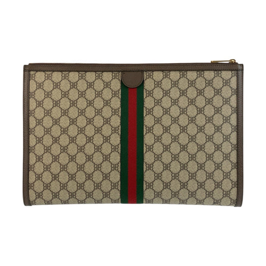 BALENCIAGA Clutch bag 680381 GG Supreme canvas, leather Beige Brown Gold Metal Clutch bag business bag document case GUCCI collaboration The Hacker Project mens Used Authentic