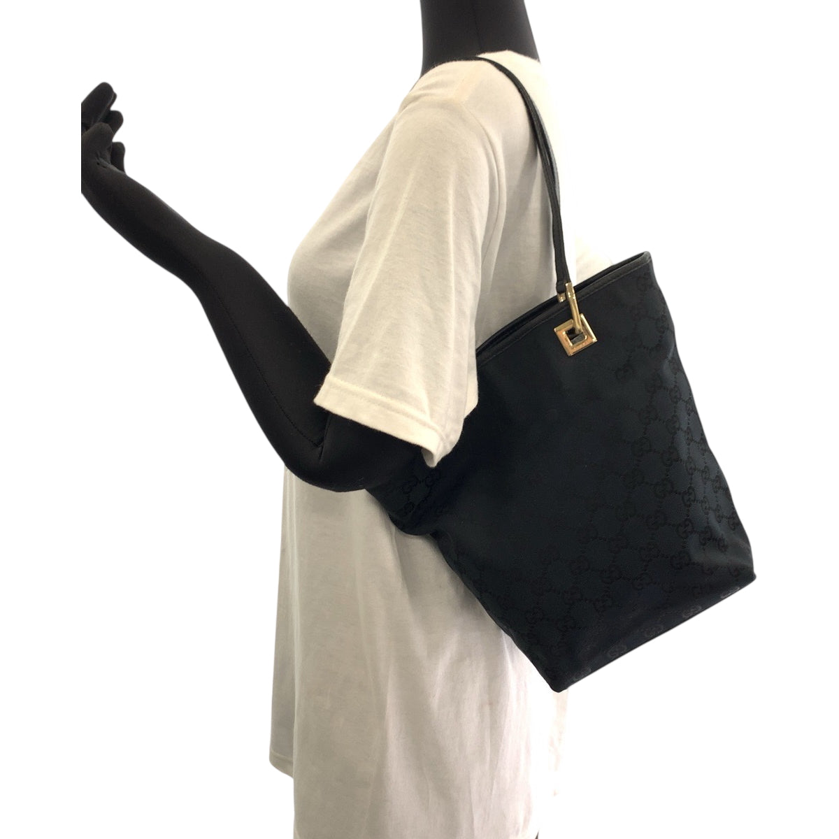 GUCCI Tote Bag 002 1099 GG canvas Black GoldMetal Tote Bag handbag Women Used Authentic