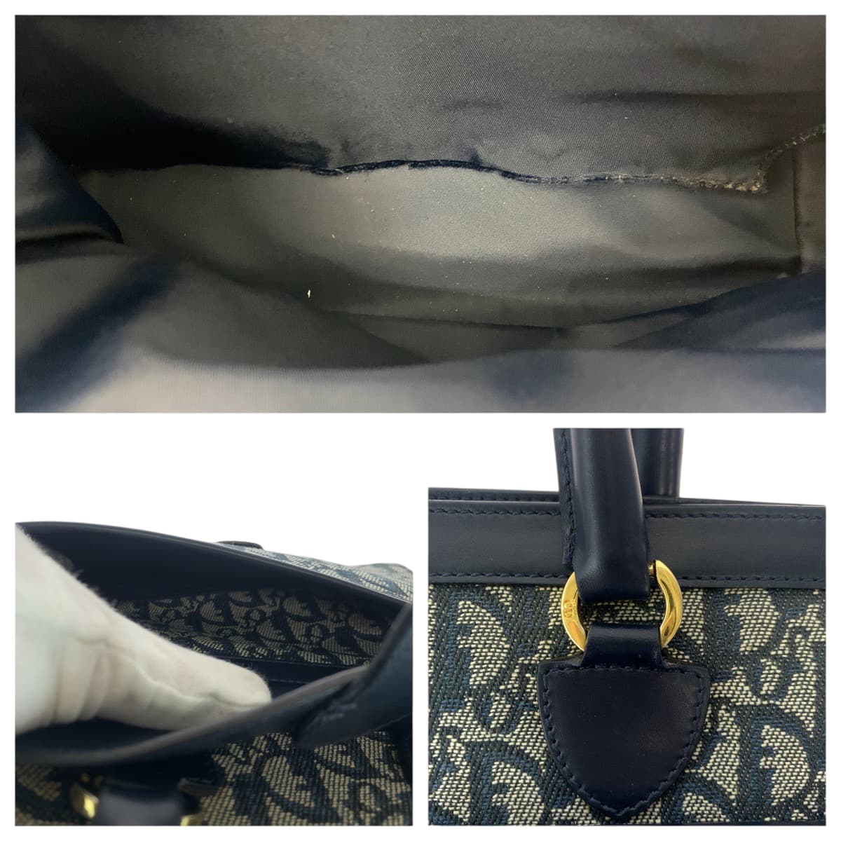 Dior Tote Bag Canvas, Leather Navy Gold Metal Tote Bag handbag Trotter Women Used Authentic