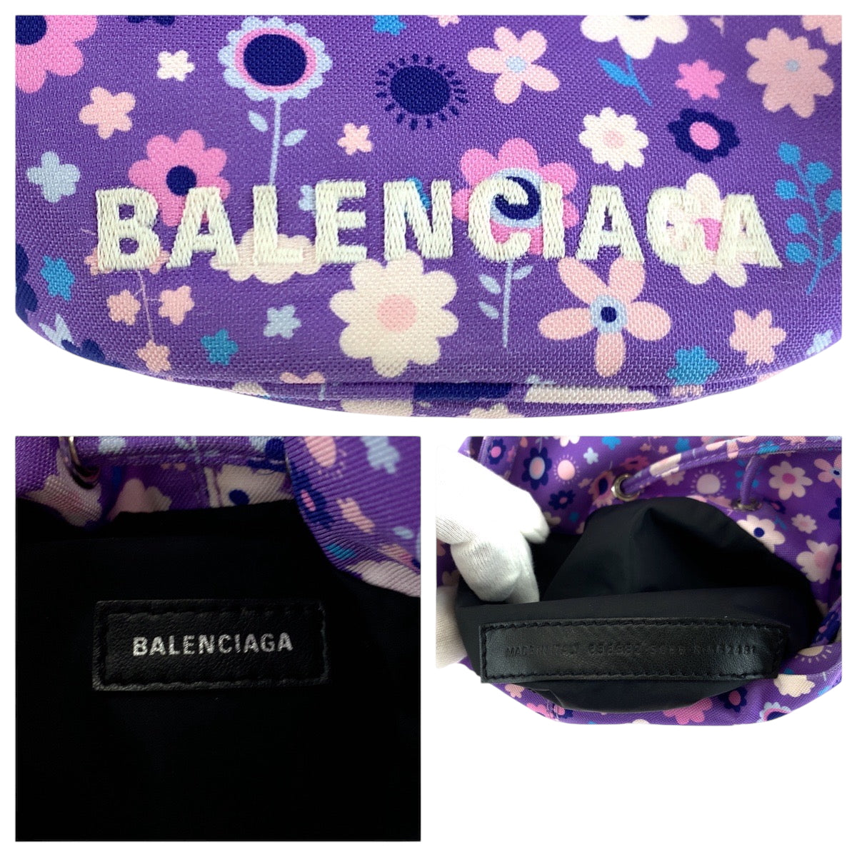 BALENCIAGA Shoulder Bag 656682 Ikat nylon canvas Purple Multicolor SilverMetal Shoulder Bag Handbag 2way Drawstring Bucket Bag Flower Pu Women Used Authentic