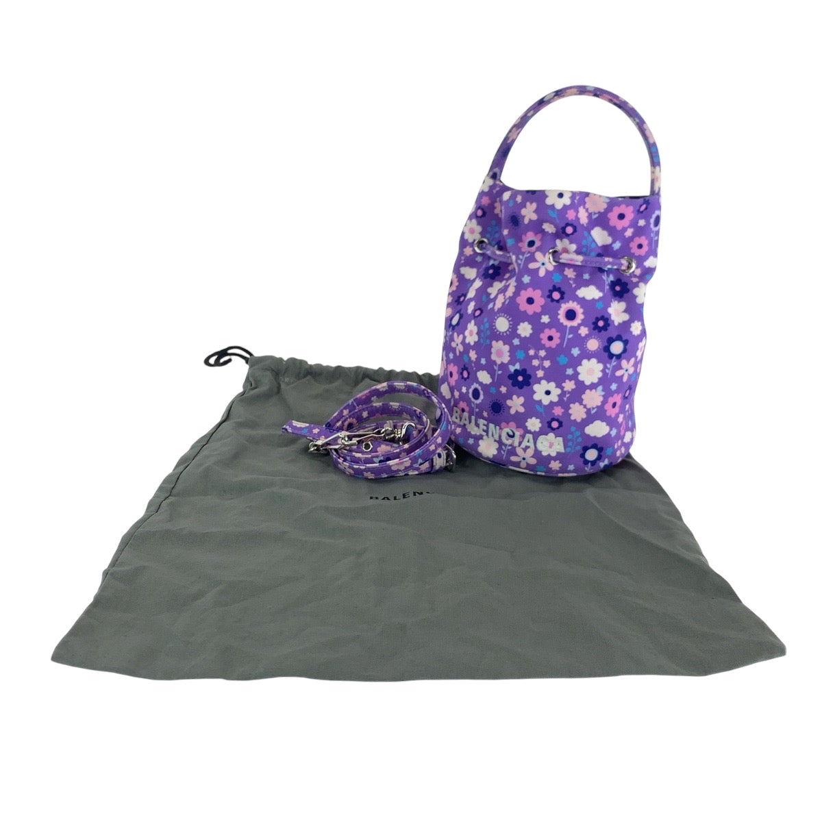 BALENCIAGA Shoulder Bag 656682 Ikat nylon canvas Purple Multicolor SilverMetal Shoulder Bag Handbag 2way Drawstring Bucket Bag Flower Pu Women Used Authentic