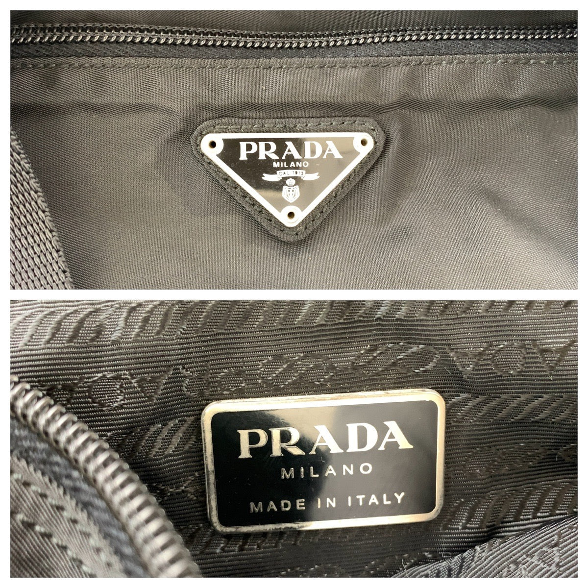 PRADA Tote Bag Nylon Black SilverMetal Tote Bag Shoulder Bag Test Triangle With logo Women Used Authentic