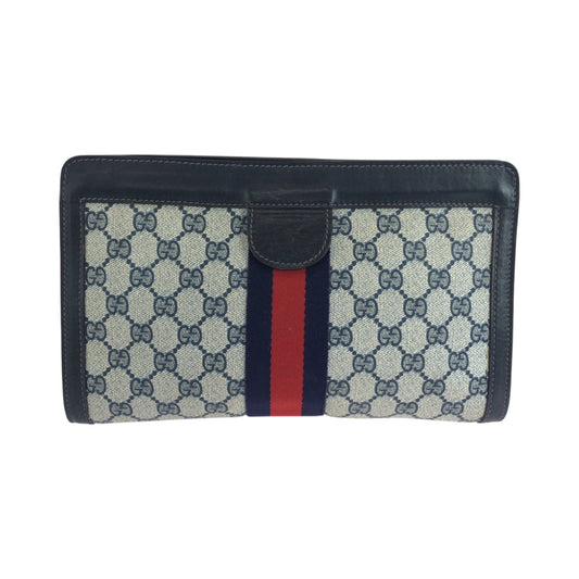 GUCCI Clutch bag GG Supreme Canvas Gray navy Clutch bag business bag Sherry line Women Used Authentic