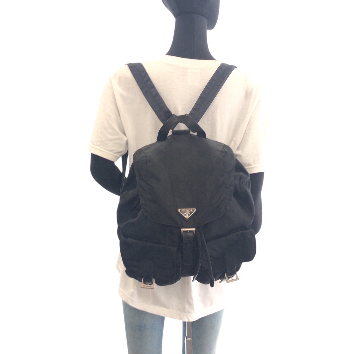 PRADA Backpack Nylon Black SilverMetal Backpack Test Triangle With logo Women Used Authentic