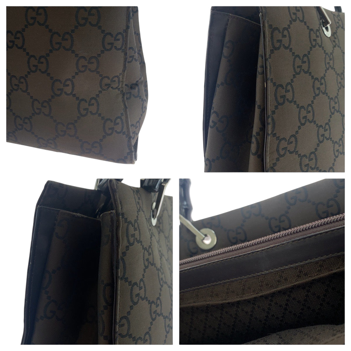 GUCCI Tote Bag 002 1010 Nylon Brown Black SilverMetal Tote Bag handbag Bamboo Women Used Authentic