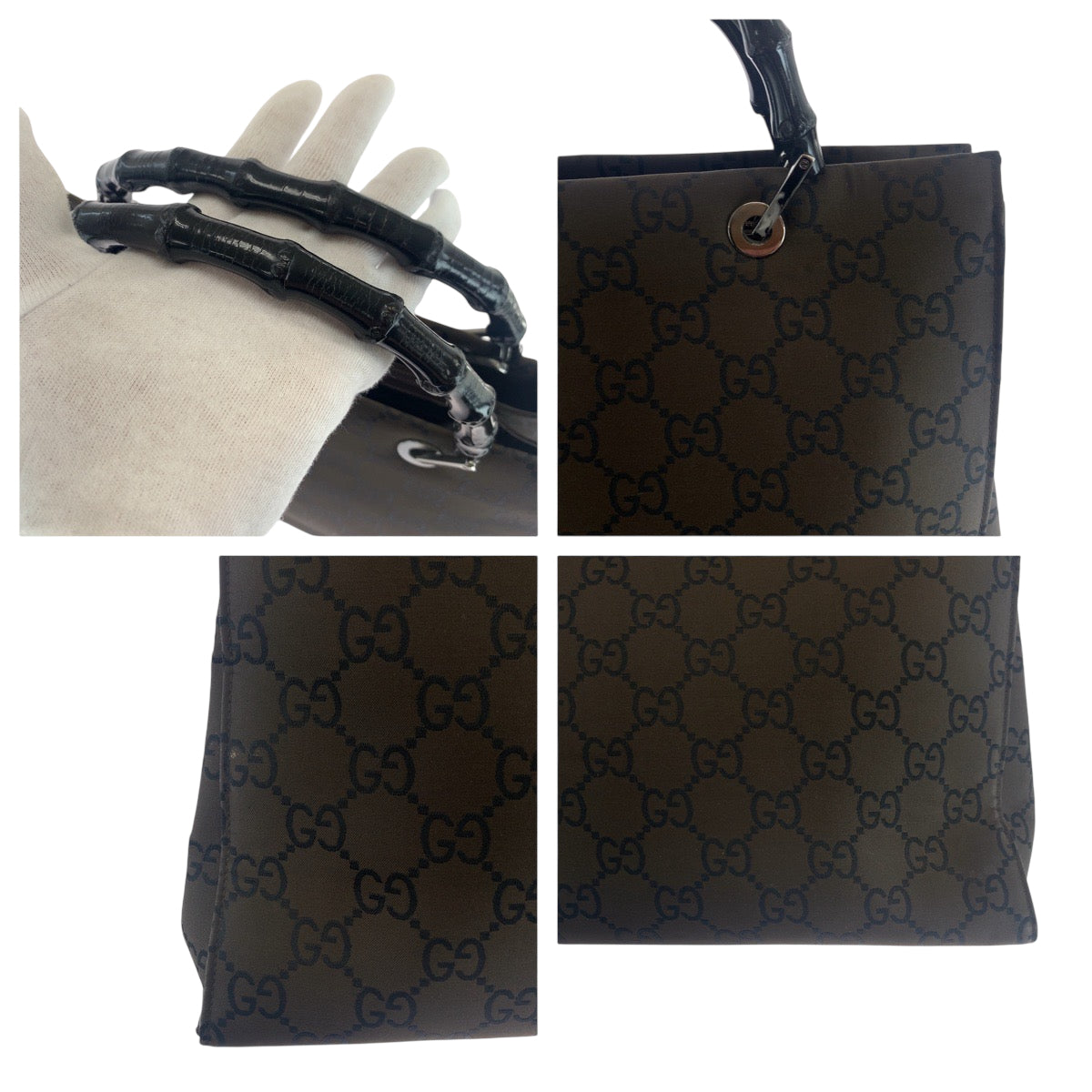 GUCCI Tote Bag 002 1010 Nylon Brown Black SilverMetal Tote Bag handbag Bamboo Women Used Authentic