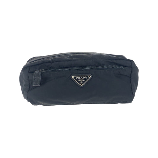 PRADA Pouch Nylon, Leather Black SilverMetal Pouch Cosmetics Pouch Test Triangle With logo Women Used Authentic