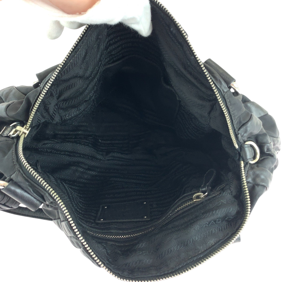 PRADA Handbag Nylon, Leather Black Silver Metal Handbag Shoulder Bag logo Women Used Authentic