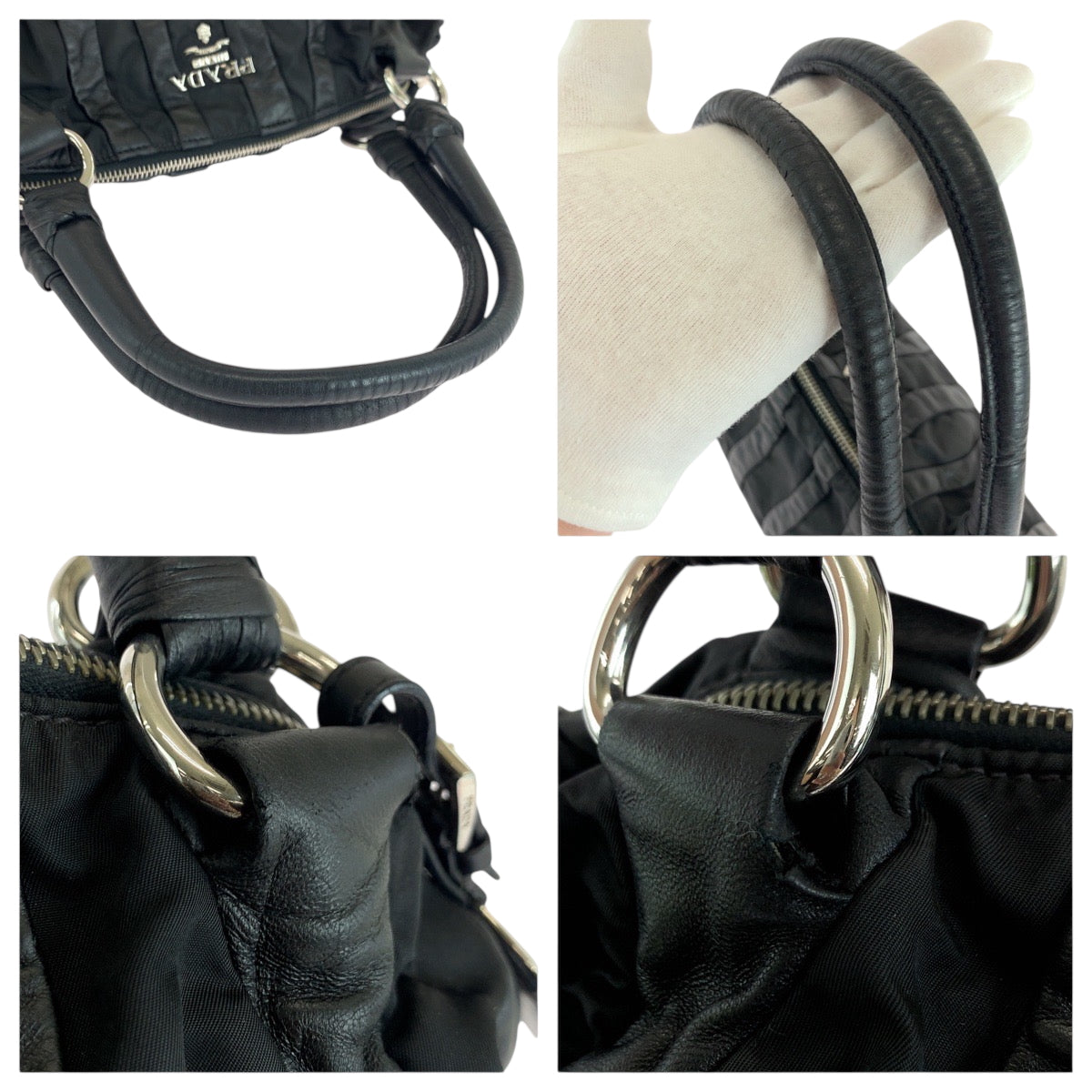 PRADA Handbag Nylon, Leather Black Silver Metal Handbag Shoulder Bag logo Women Used Authentic