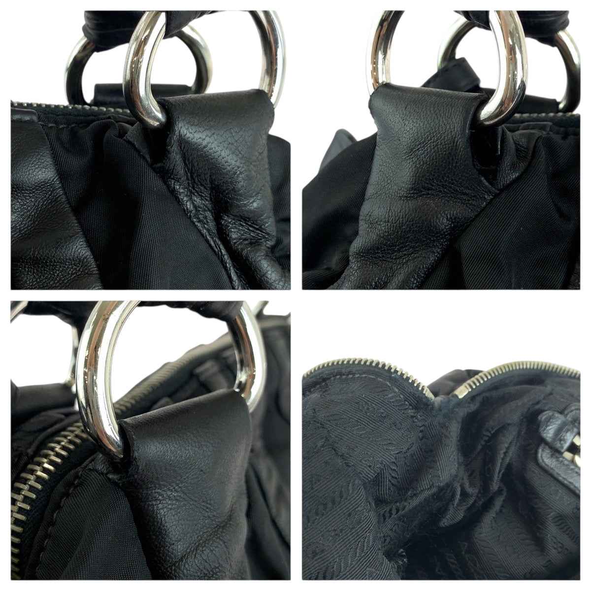 PRADA Handbag Nylon, Leather Black Silver Metal Handbag Shoulder Bag logo Women Used Authentic