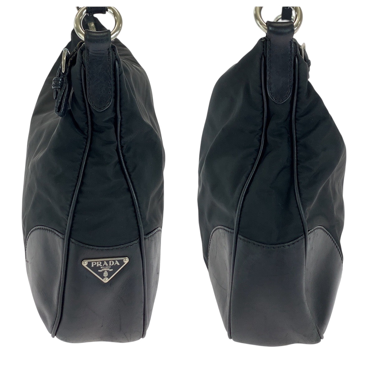 PRADA Shoulder Bag Nylon, Leather Black Silver Metal Hobo Shoulder Bag Test Triangle With logo Women Used Authentic