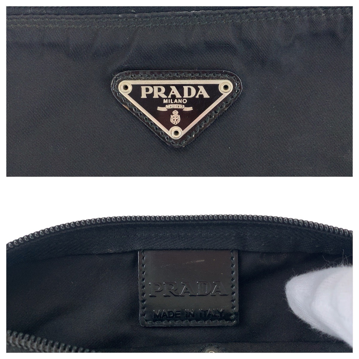 PRADA Pouch Nylon Black SilverMetal pouch accessory pouch Test Triangle With logo Women Used Authentic